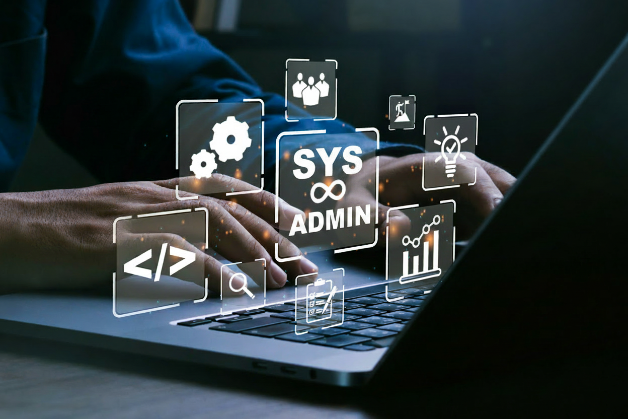 sys admin concept portrayed through floating icons overing over a laptop keyboard while a person types in the background